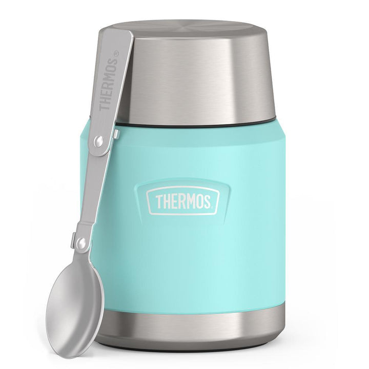 16 ounce Thermos Food Jar with stainless steel spoon, front view, spoon unfolded and leaning on the food jar, Sea Green.
