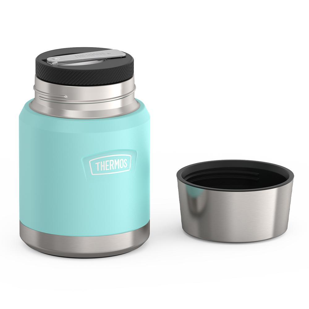 16 ounce Thermos Food Jar with stainless steel spoon, lid off and spoon folded inside of spoon holder, Sea Green.