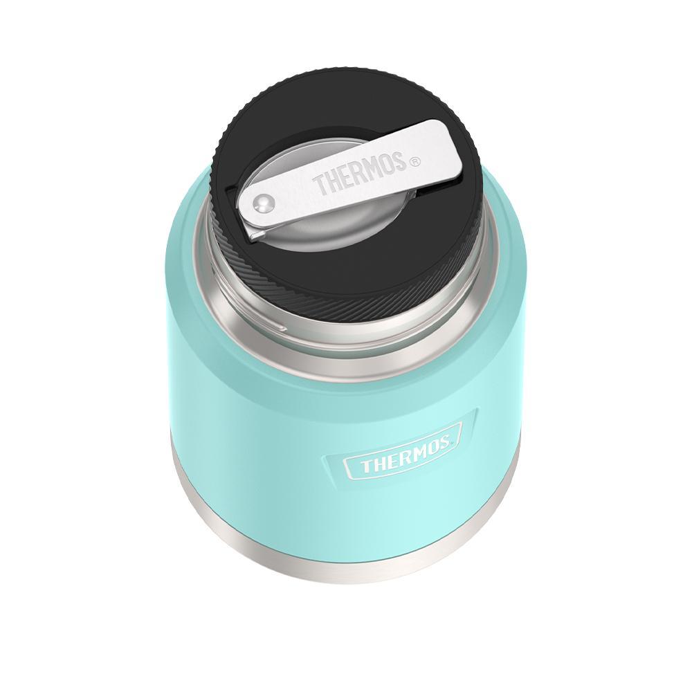 16 ounce Thermos Food Jar with stainless steel spoon, top view of spoon folded inside of spoon holder, Sea Green.