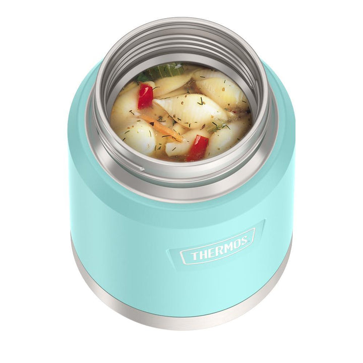 16 ounce Thermos Food Jar with stainless steel spoon, top view, lid off and soup inside, Sea Green.