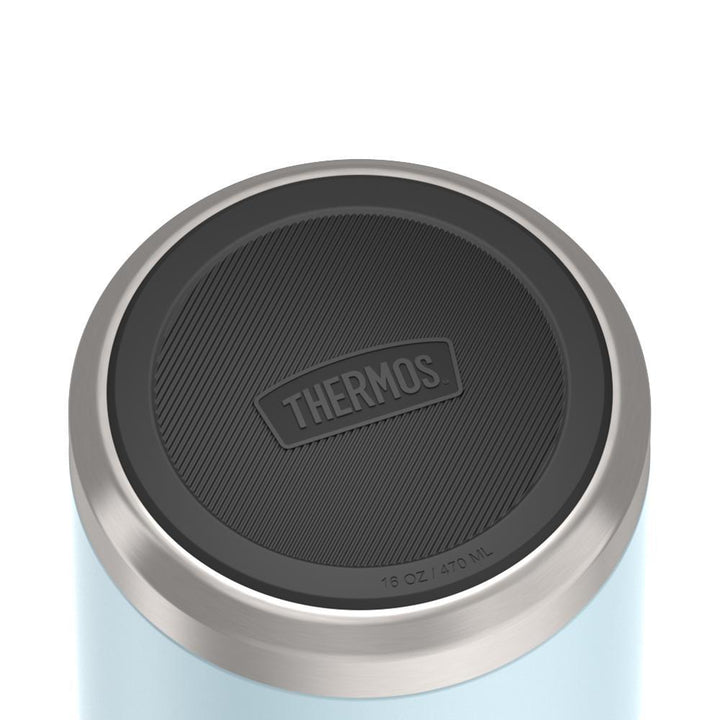 16 ounce Thermos Food Jar with stainless steel spoon,bottom view of non-slip base, Glacier Blue.