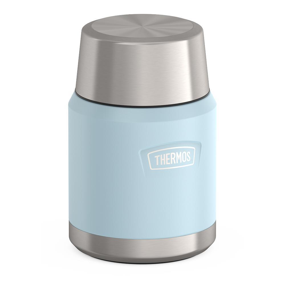 16 ounce Thermos Food Jar with stainless steel spoon, side view with lid on, Glacier Blue.