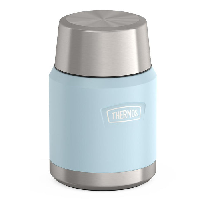 16 ounce Thermos Food Jar with stainless steel spoon, side view with lid on, Glacier Blue.