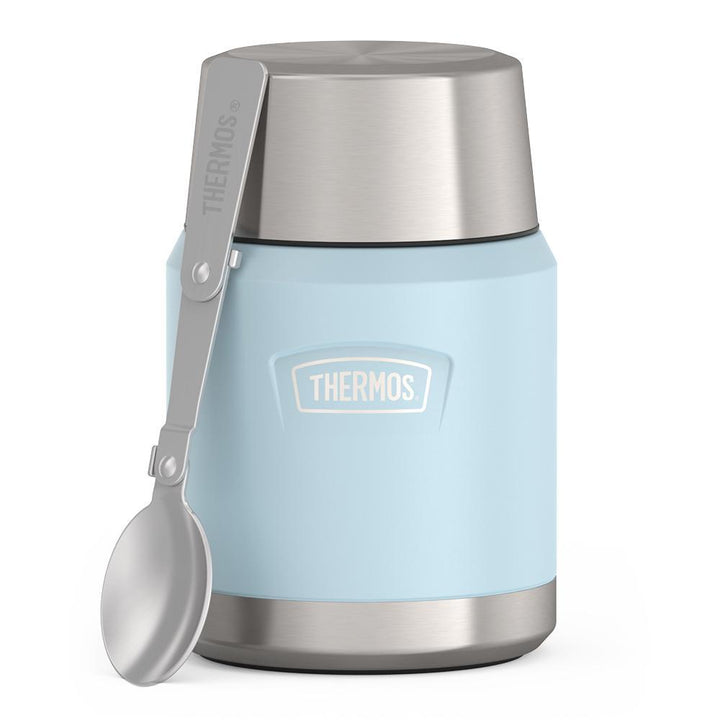 16 ounce Thermos Food Jar with stainless steel spoon, front view, spoon unfolded and leaning on the food jar, Glacier Blue.