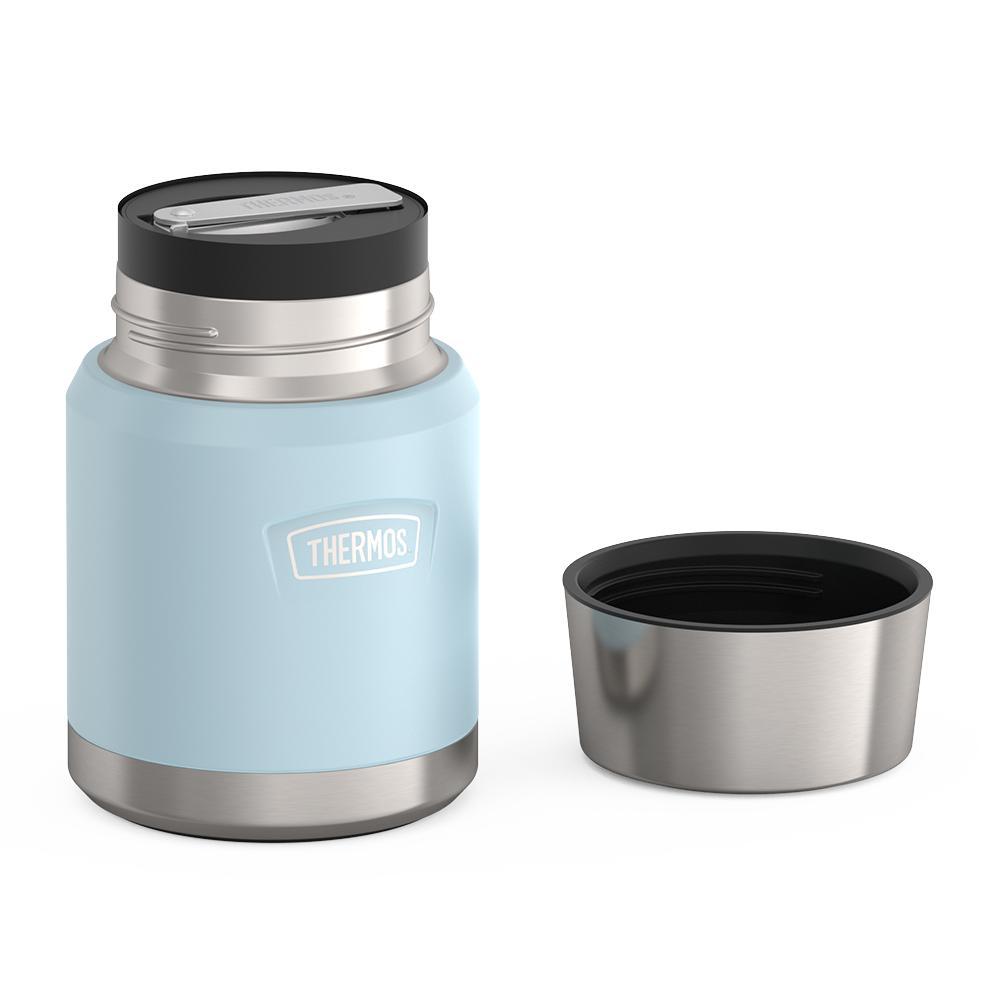 16 ounce Thermos Food Jar with stainless steel spoon, lid off and spoon folded inside of spoon holder, Glacier Blue.