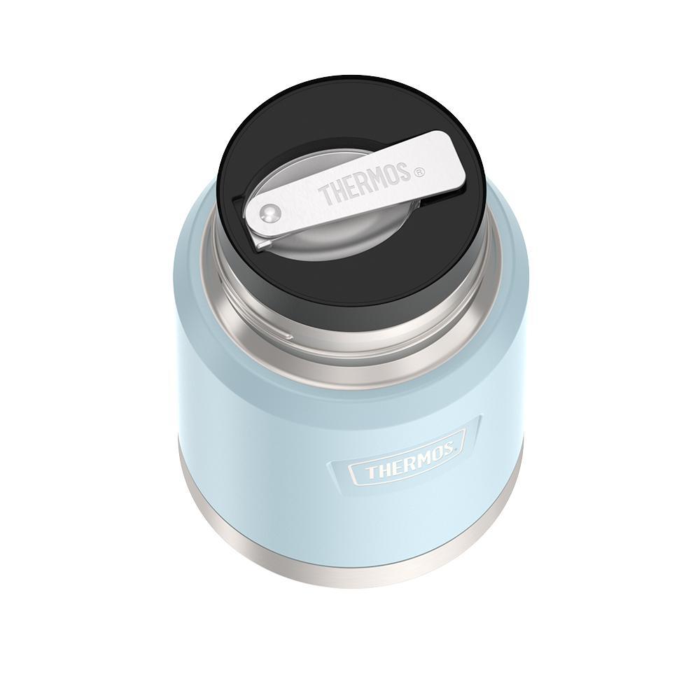 16 ounce Thermos Food Jar with stainless steel spoon, top view of spoon folded inside of spoon holder, Glacier Blue.