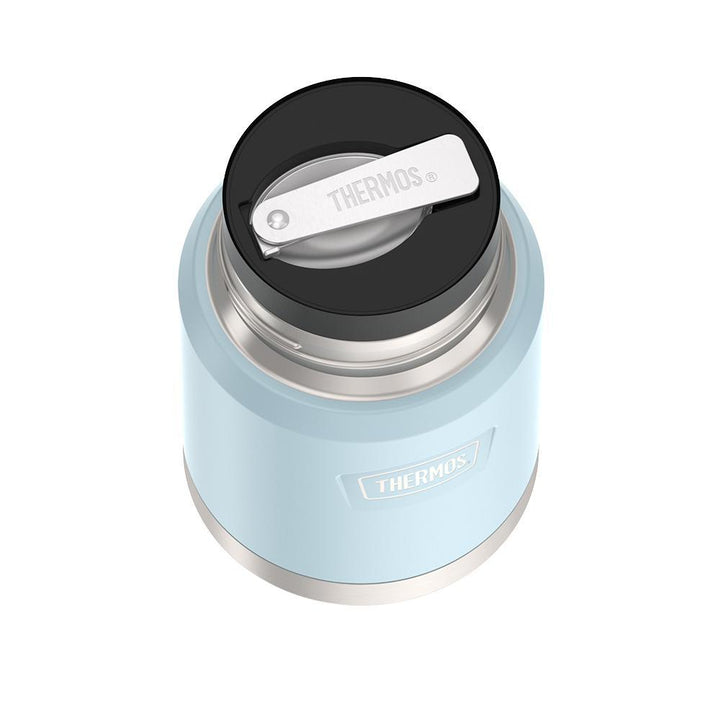 16 ounce Thermos Food Jar with stainless steel spoon, top view of spoon folded inside of spoon holder, Glacier Blue.