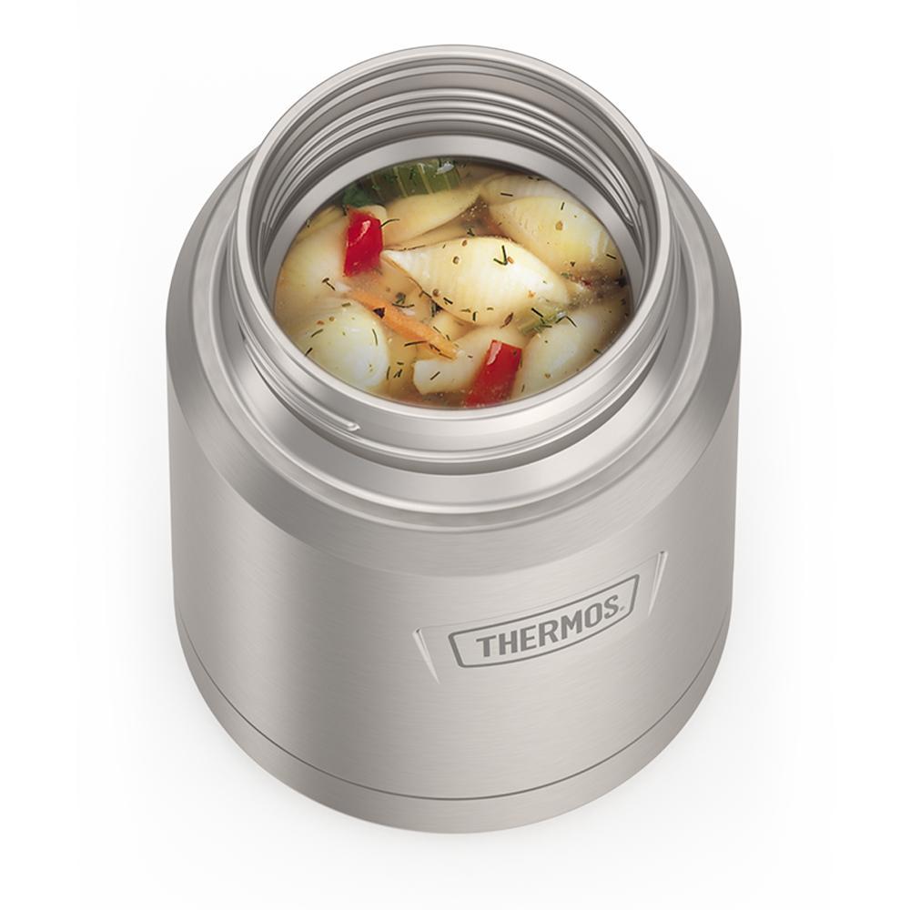 16 ounce Thermos Food Jar with stainless steel spoon, top view, lid off and soup inside, Matte Stainless Steel.