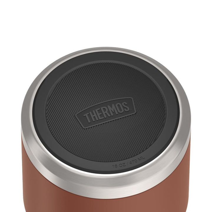 16 ounce Thermos Food Jar with stainless steel spoon,bottom view of non-slip base, Saddle Brown.