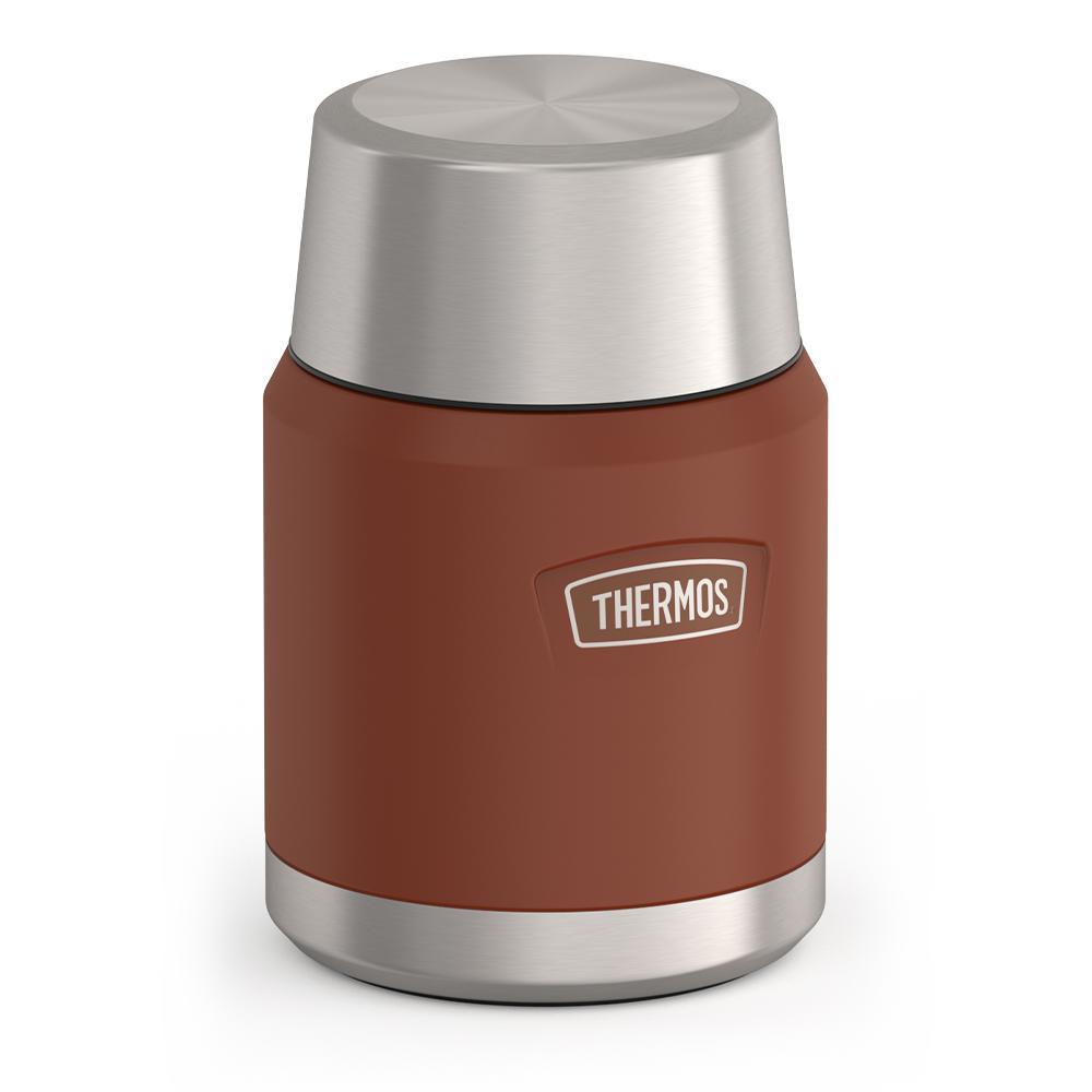 16 ounce Thermos Food Jar with stainless steel spoon, side view with lid on, Saddle Brown.