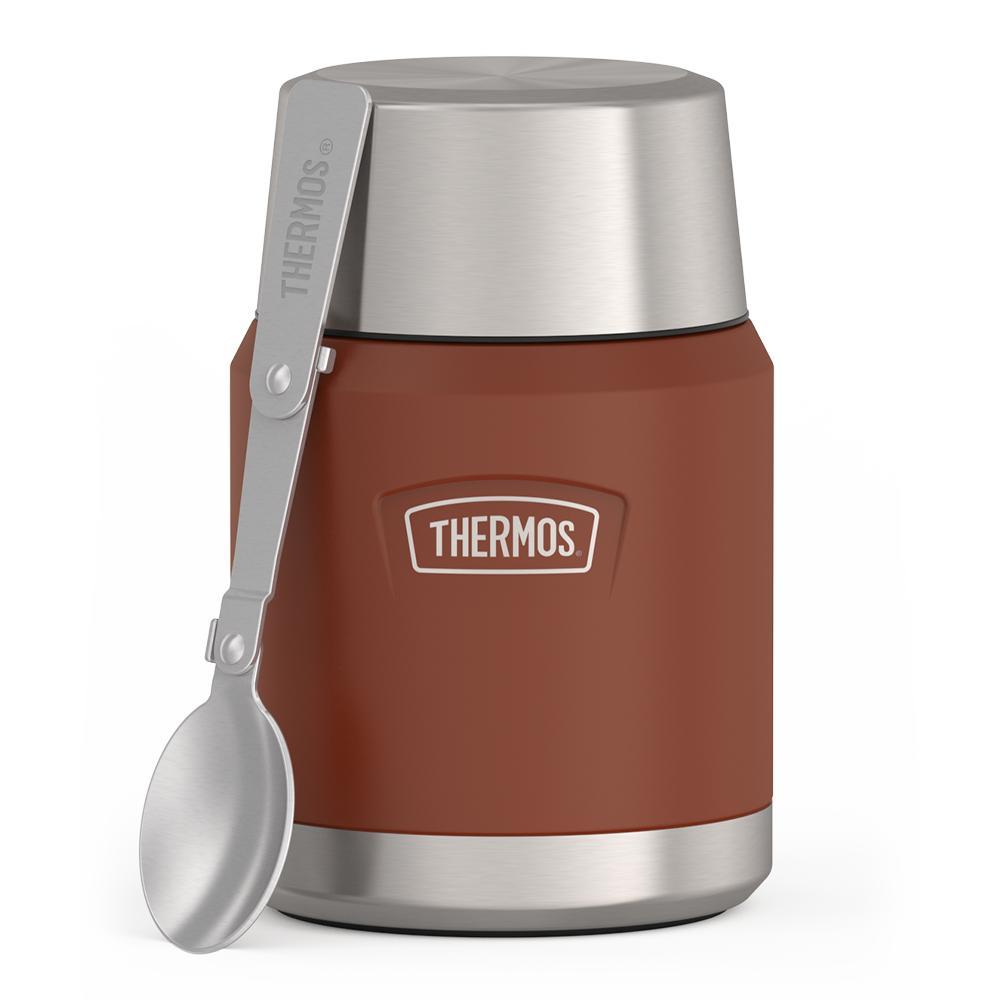16 ounce Thermos Food Jar with stainless steel spoon, front view, spoon unfolded and leaning on the food jar, Saddle Brown.
