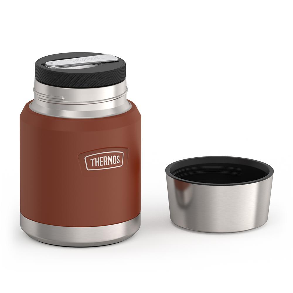 16 ounce Thermos Food Jar with stainless steel spoon, lid off and spoon folded inside of spoon holder, Saddle Brown.
