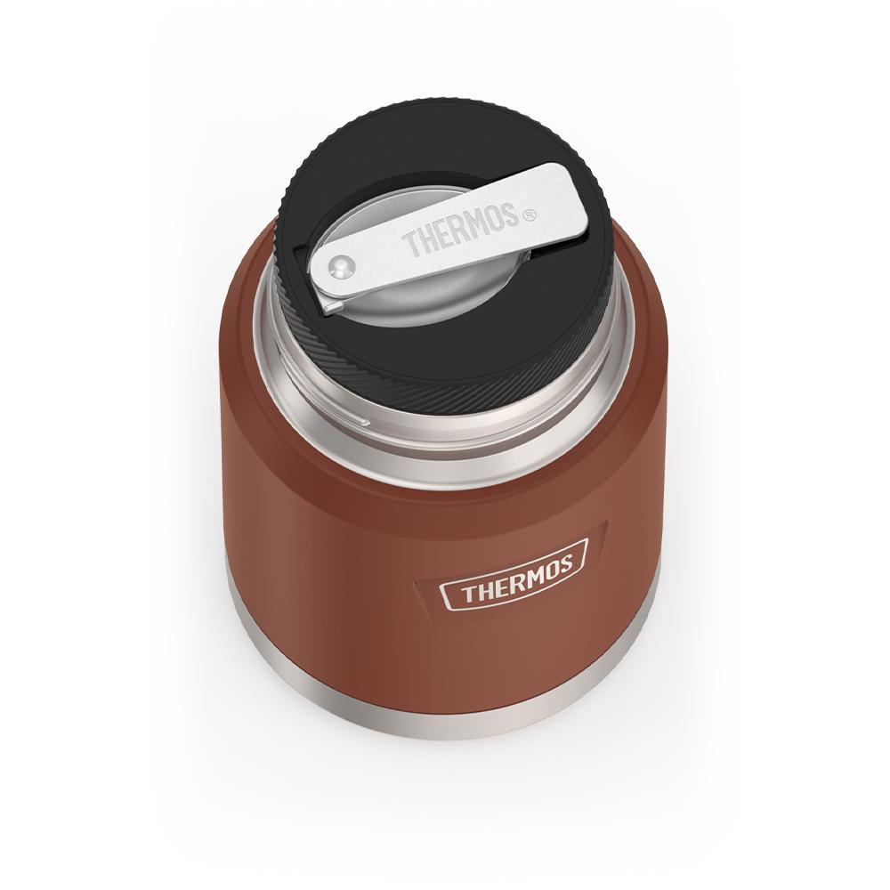 16 ounce Thermos Food Jar with stainless steel spoon, top view of spoon folded inside of spoon holder, Saddle Brown.