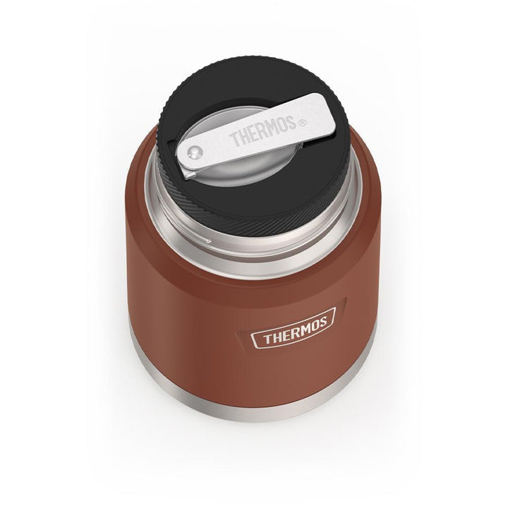 16 ounce Thermos Food Jar with stainless steel spoon, top view of spoon folded inside of spoon holder, Saddle Brown.