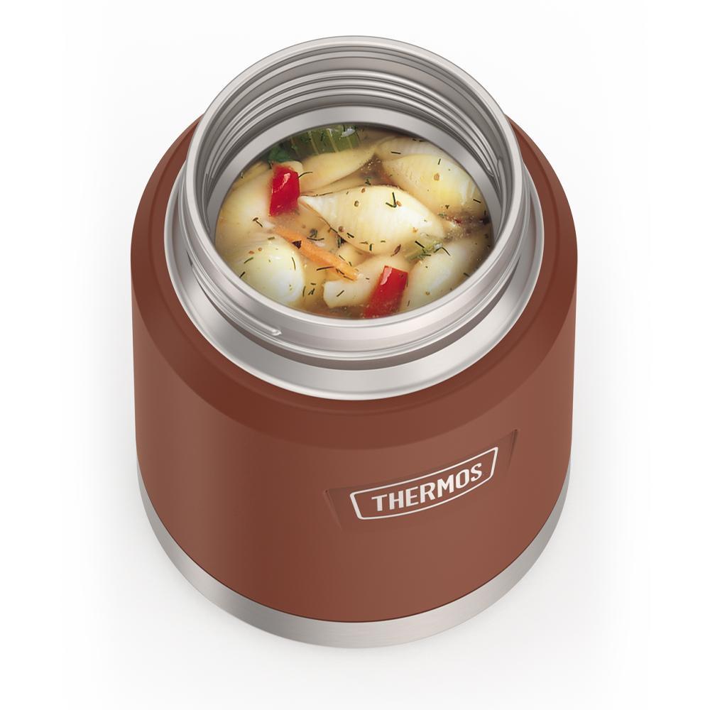 16 ounce Thermos Food Jar with stainless steel spoon, top view, lid off and soup inside, Saddle Brown.