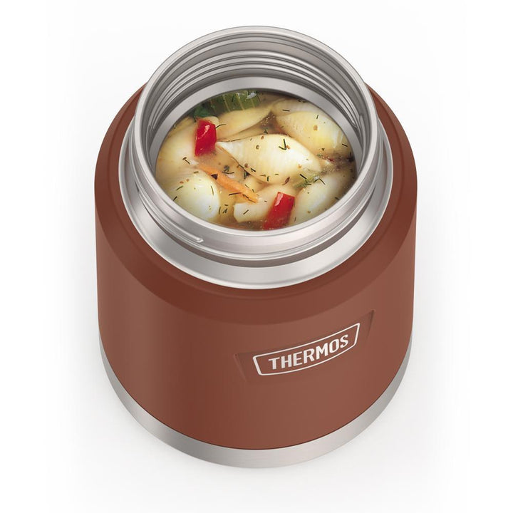 16 ounce Thermos Food Jar with stainless steel spoon, top view, lid off and soup inside, Saddle Brown.