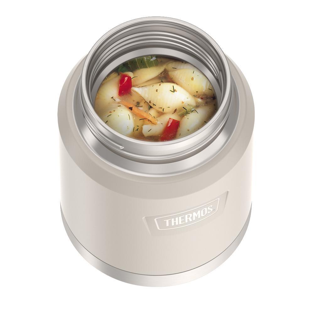16 ounce Thermos Food Jar with stainless steel spoon, top view, lid off and soup inside, Sandstone Beige.