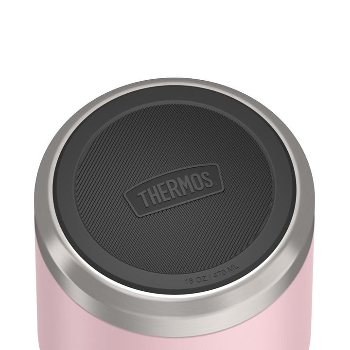 16 ounce Thermos Food Jar with stainless steel spoon,bottom view of non-slip base, Sunset Pink.