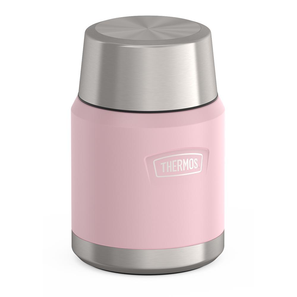 16 ounce Thermos Food Jar with stainless steel spoon, side view with lid on, Sunset Pink.