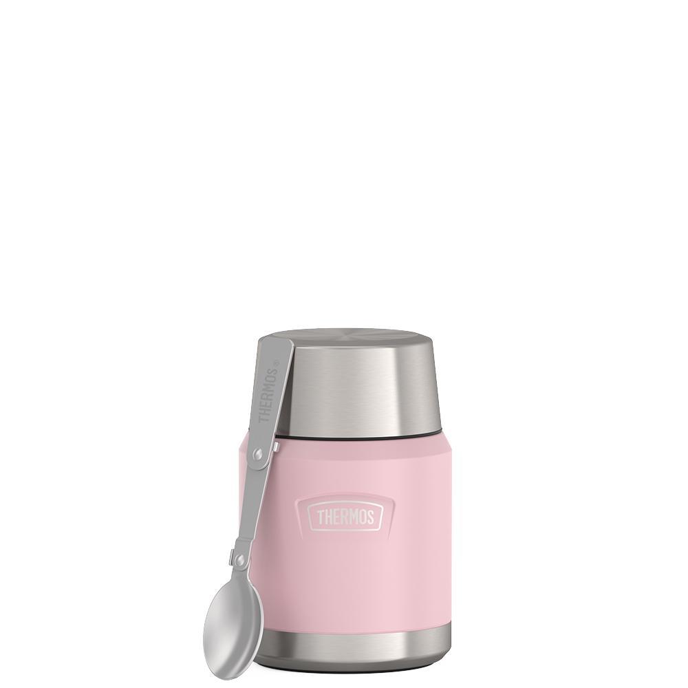 16 ounce Thermos Food Jar with stainless steel spoon, front view, Sunset Pink.