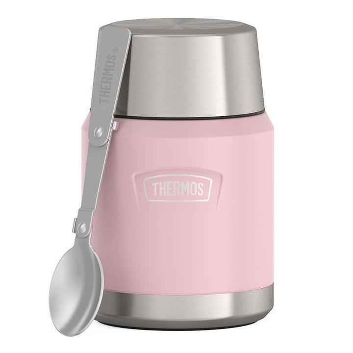 16 ounce Thermos Food Jar with stainless steel spoon, front view, Sunset Pink.