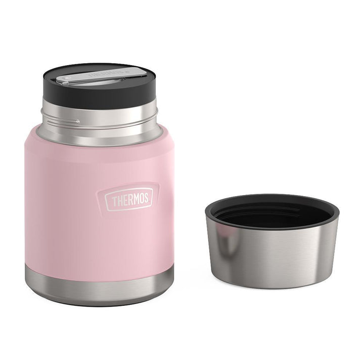 16 ounce Thermos Food Jar with stainless steel spoon, lid off and spoon folded inside of spoon holder, Sunset Pink.