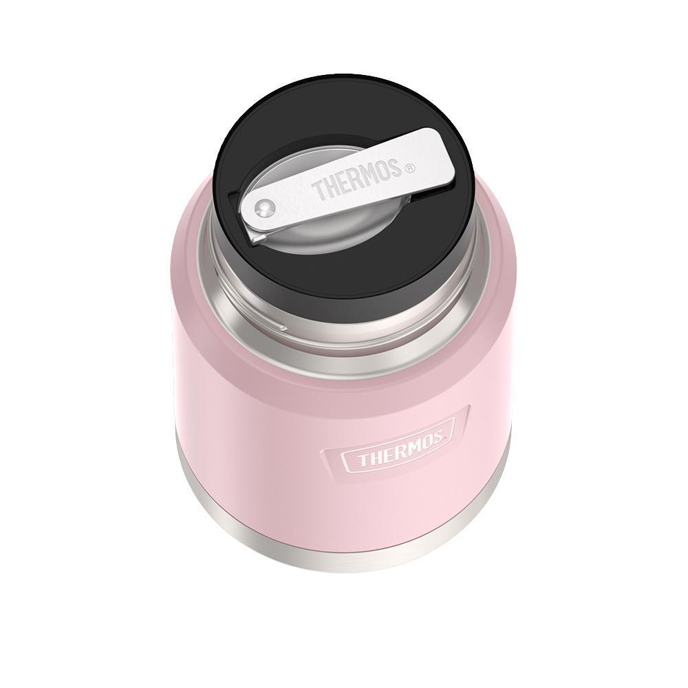 16 ounce Thermos Food Jar with stainless steel spoon, top view of spoon folded inside of spoon holder, Sunset Pink.