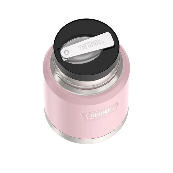 16 ounce Thermos Food Jar with stainless steel spoon, top view of spoon folded inside of spoon holder, Sunset Pink.