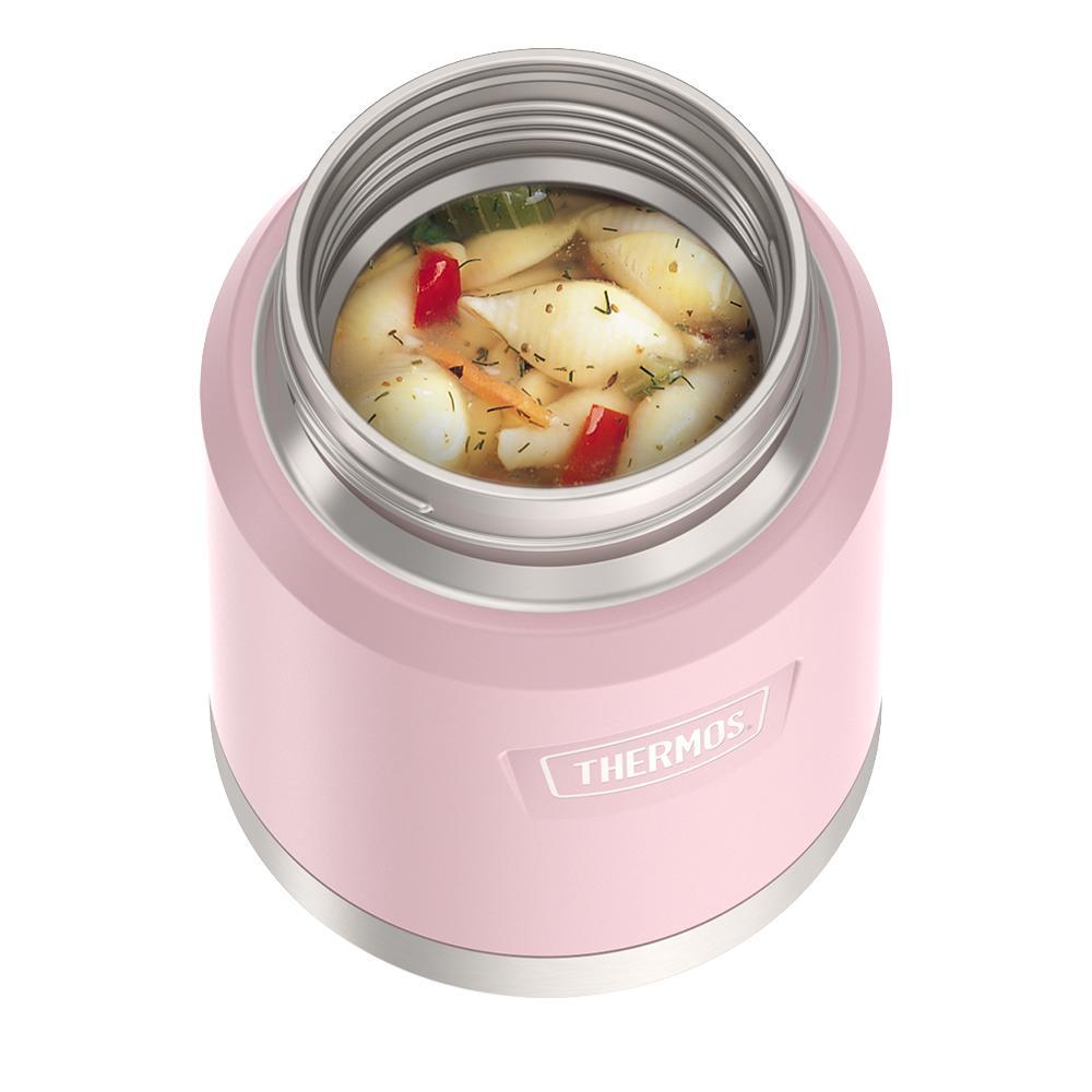 16 ounce Thermos Food Jar with stainless steel spoon, top view, lid off and soup inside, Sunset Pink.