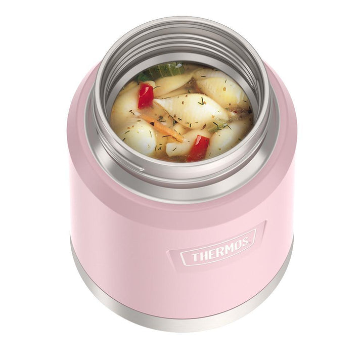 16 ounce Thermos Food Jar with stainless steel spoon, top view, lid off and soup inside, Sunset Pink.