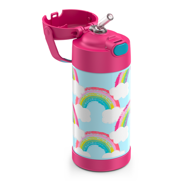 12 ounce Funtainer water bottle, rainbows and clouds Pattern, straw inset.