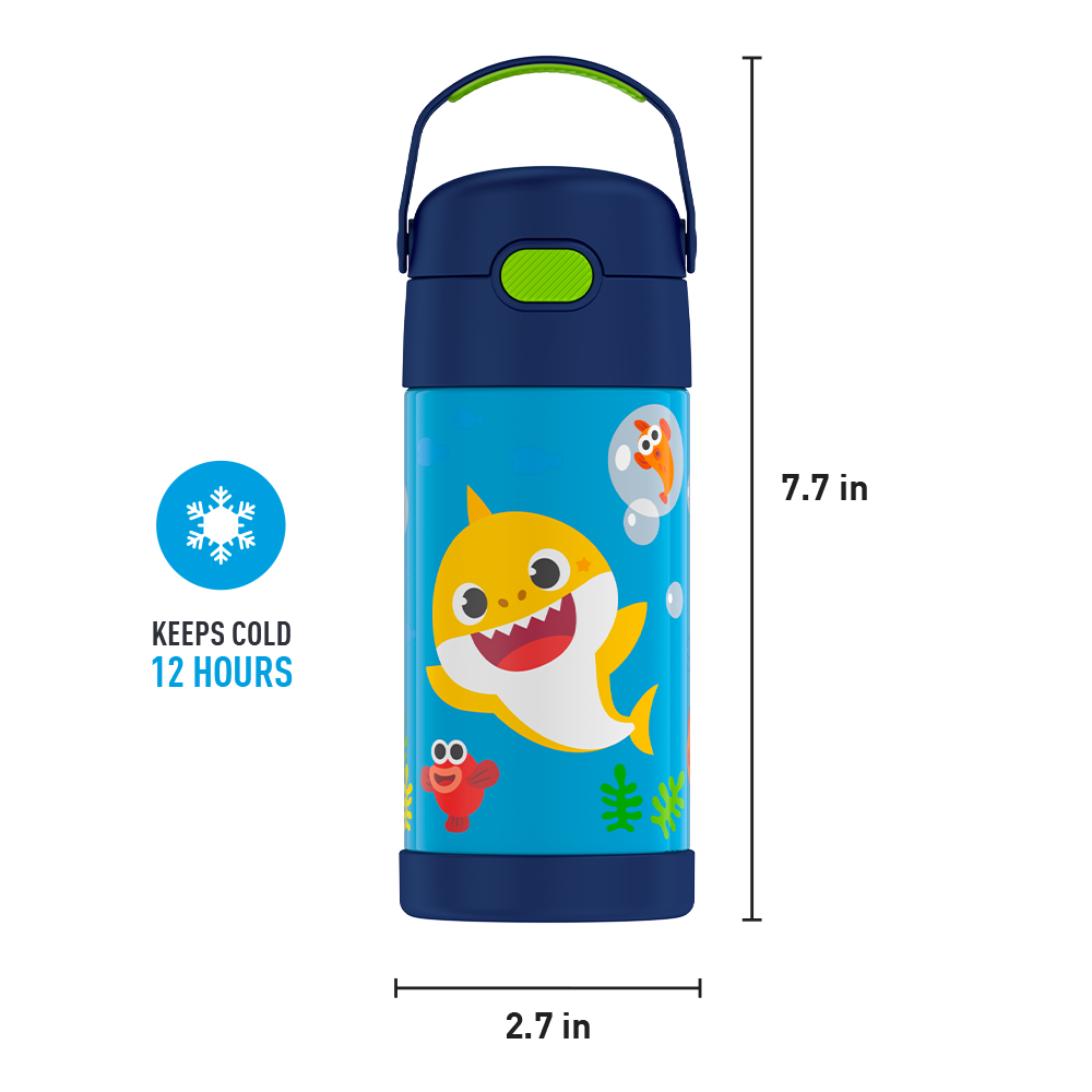 12 ounce Funtainer water bottle, Baby Shark, 12 hours cold.