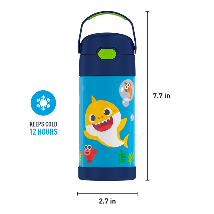 12 ounce Funtainer water bottle, Baby Shark, 12 hours cold.