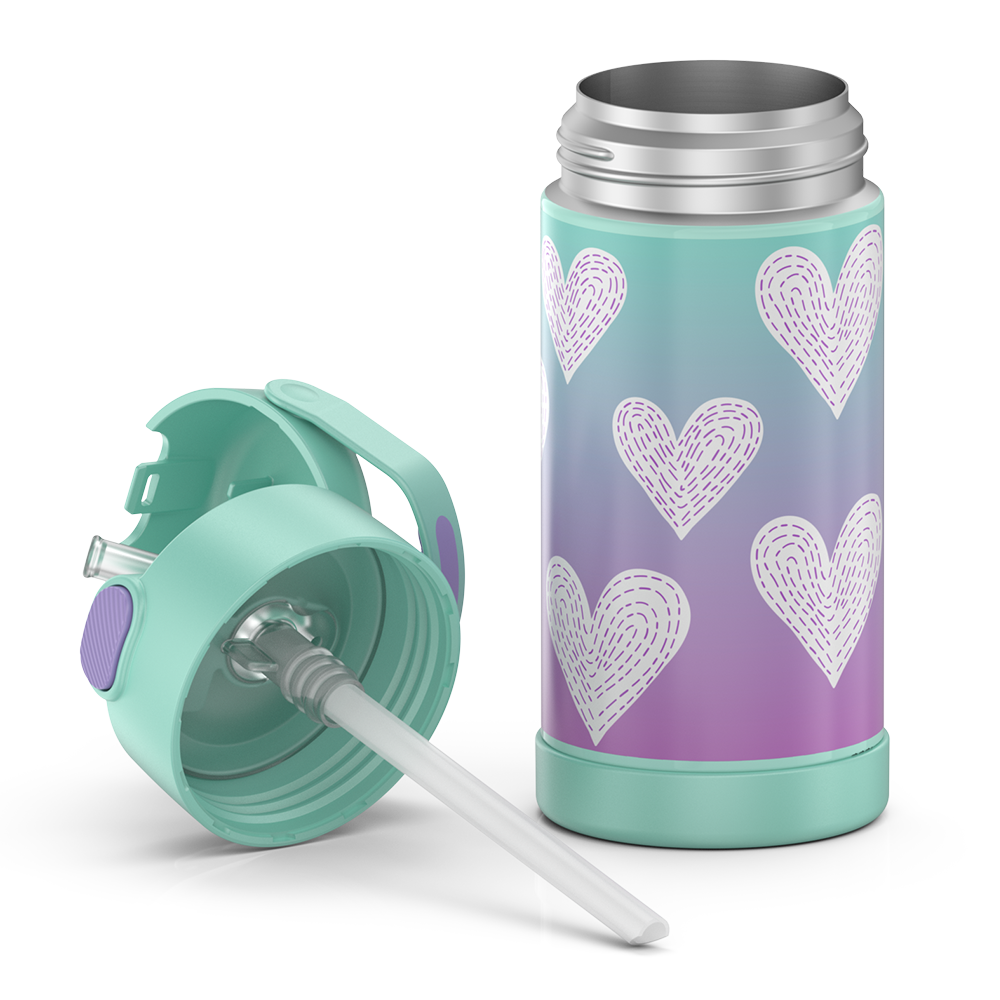 12 ounce Funtainer water bottle, Purple Hearts Pattern, unassembled - lid removed.