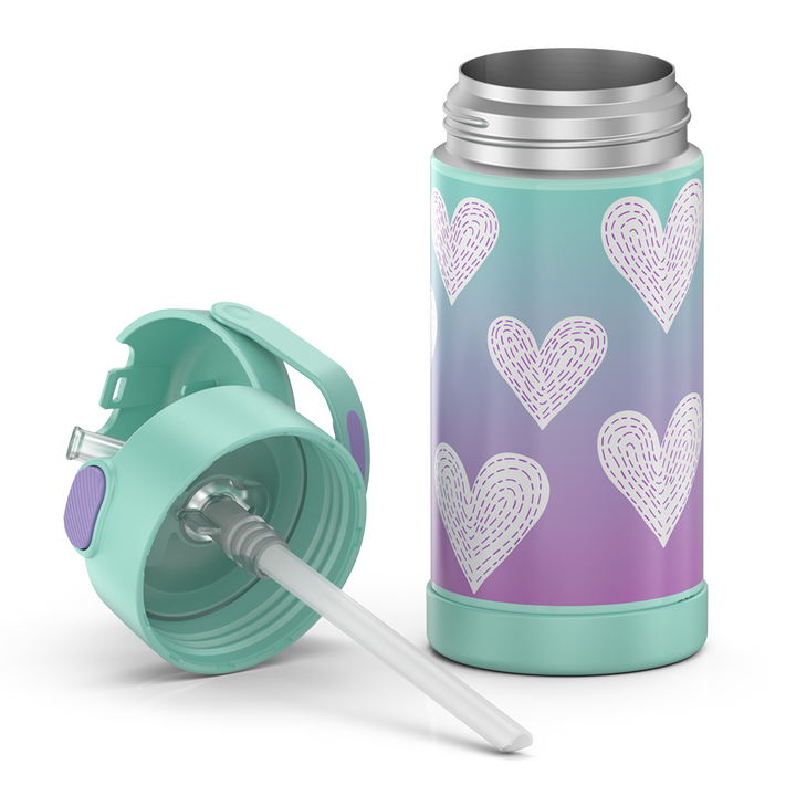 12 ounce Funtainer water bottle, Purple Hearts Pattern, unassembled - lid removed.
