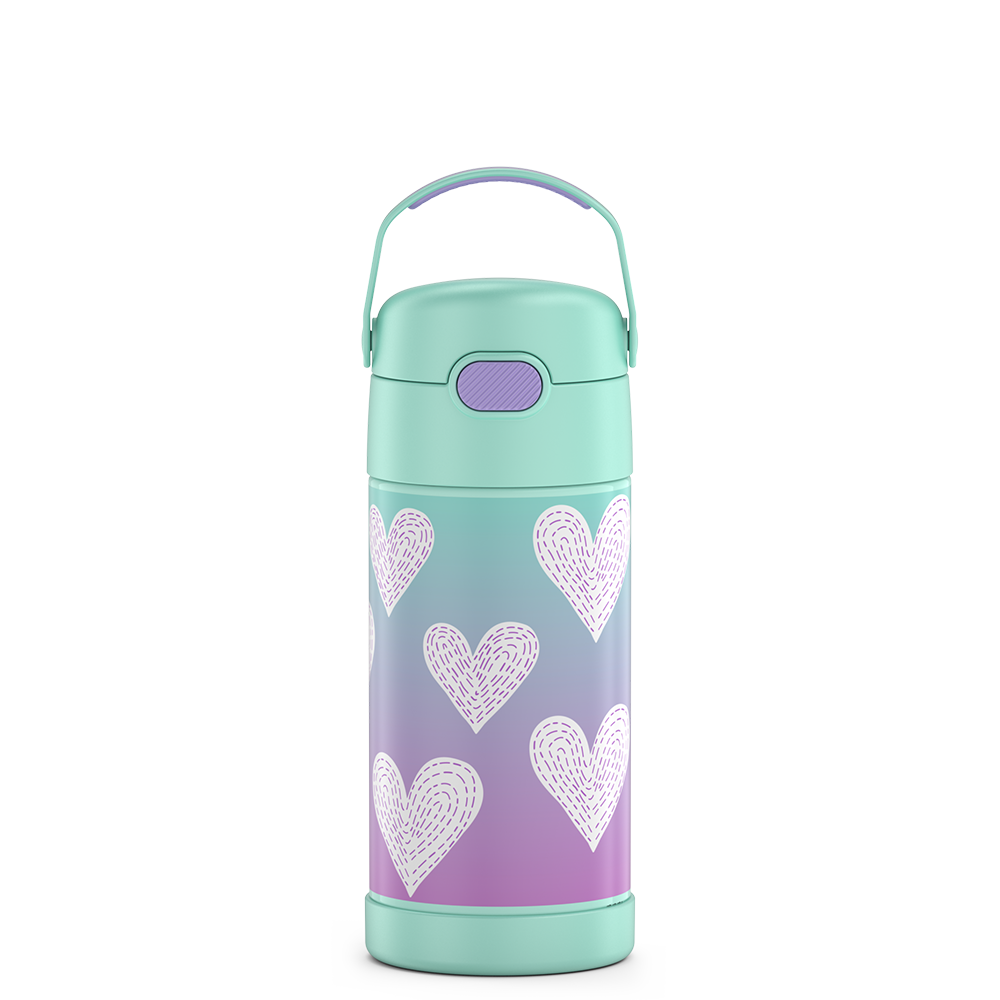 12 ounce Funtainer water bottle, Purple Hearts Pattern.