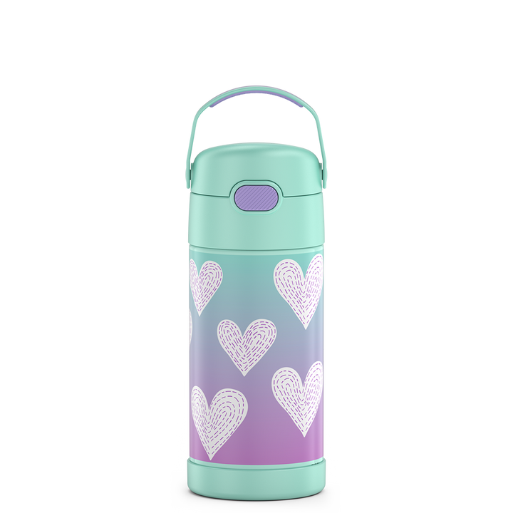 12 ounce Funtainer water bottle, Purple Hearts Pattern.