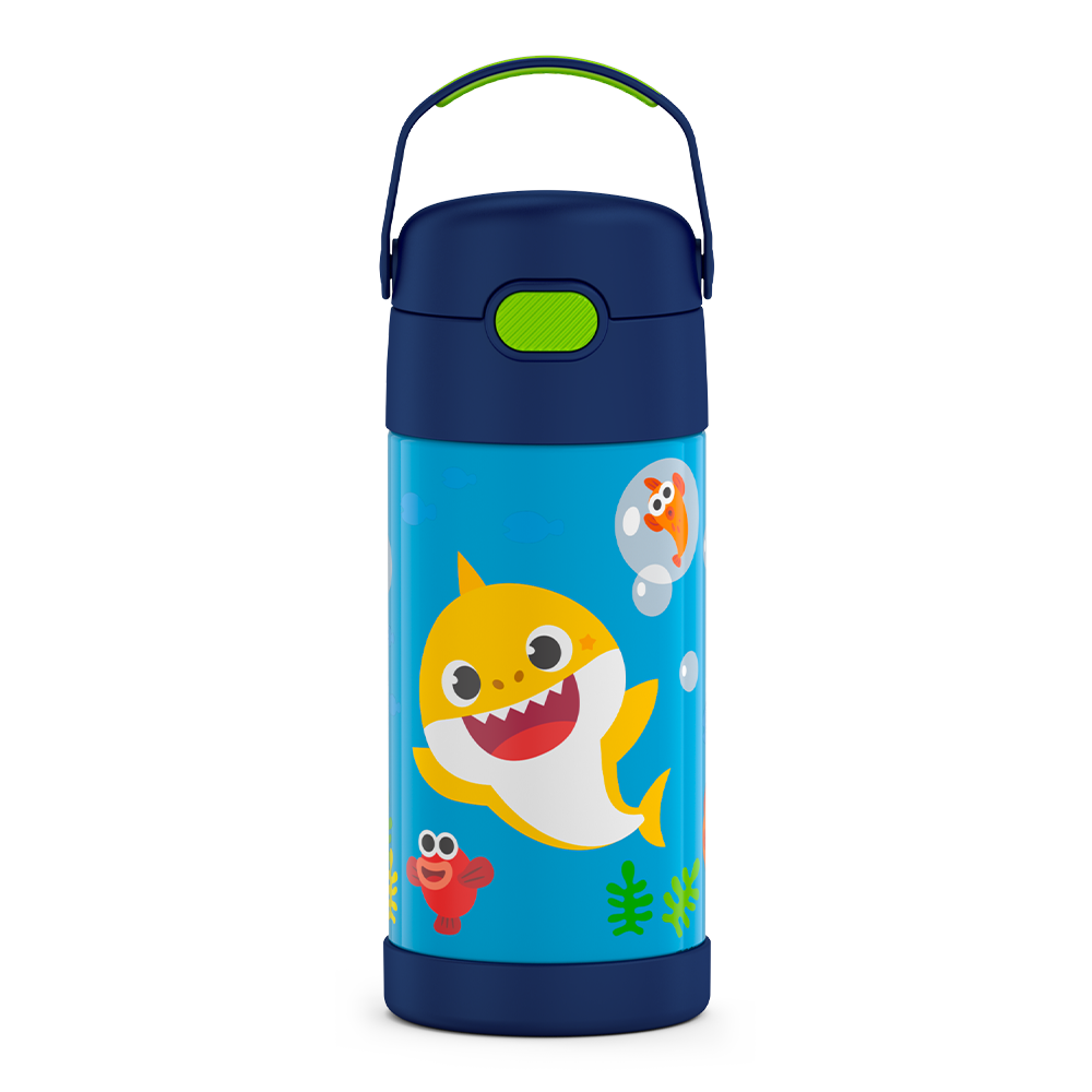 12 ounce Funtainer water bottle, Baby Shark, front view, handle up.