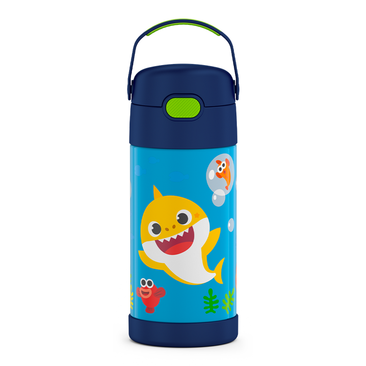 12 ounce Funtainer water bottle, Baby Shark, front view, handle up.