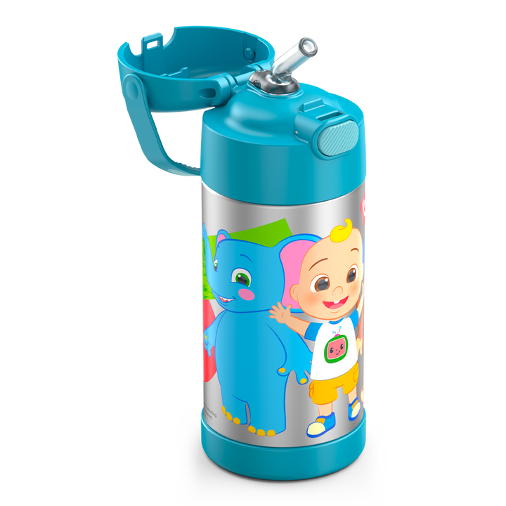 12 ounce Funtainer water bottle, CoComelon, straw inset.