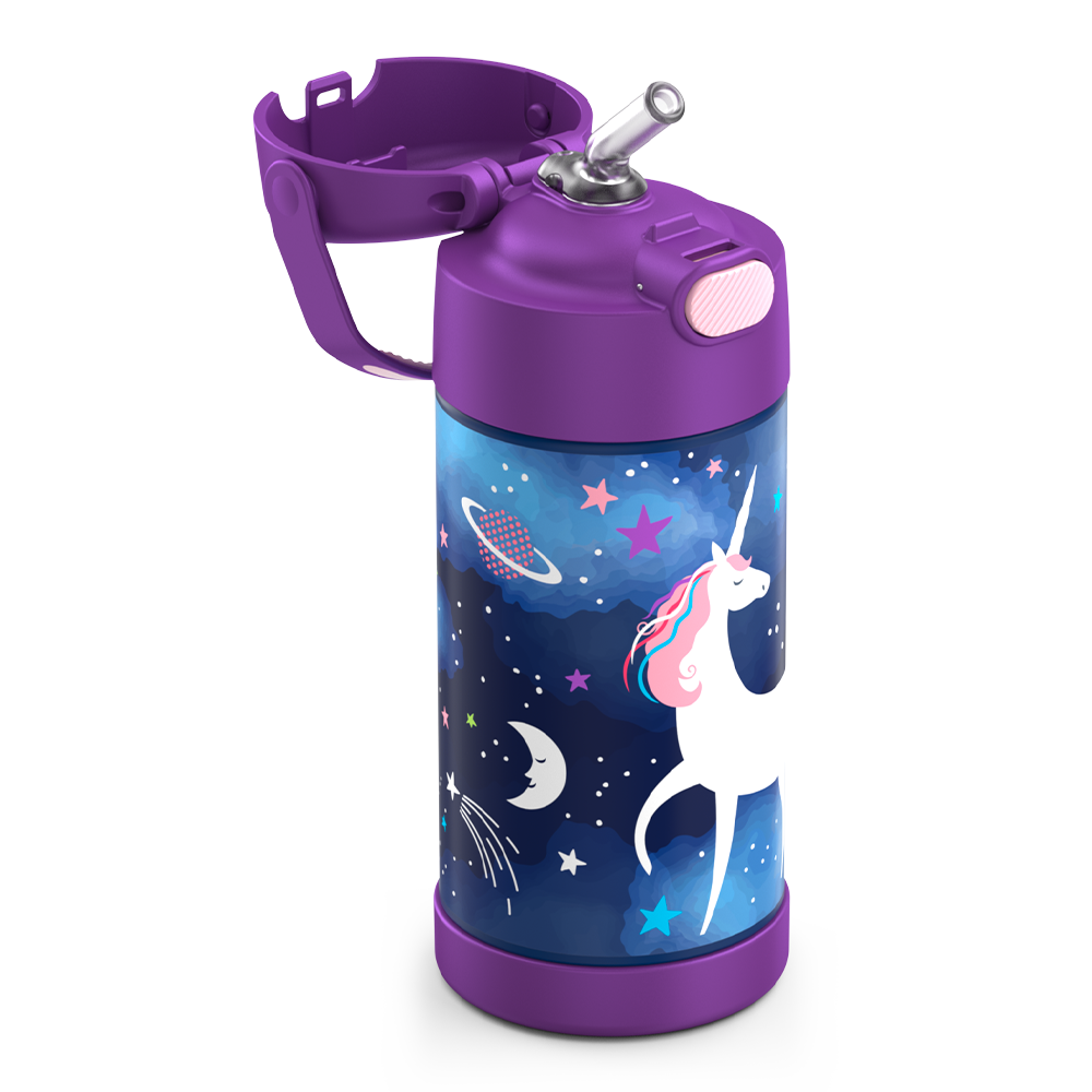 12 ounce Funtainer water bottle, Space Unicorn Pattern, straw inset.