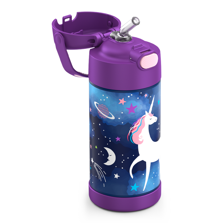 12 ounce Funtainer water bottle, Space Unicorn Pattern, straw inset.