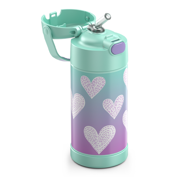 12 ounce Funtainer water bottle, Purple Hearts Pattern, straw inset.