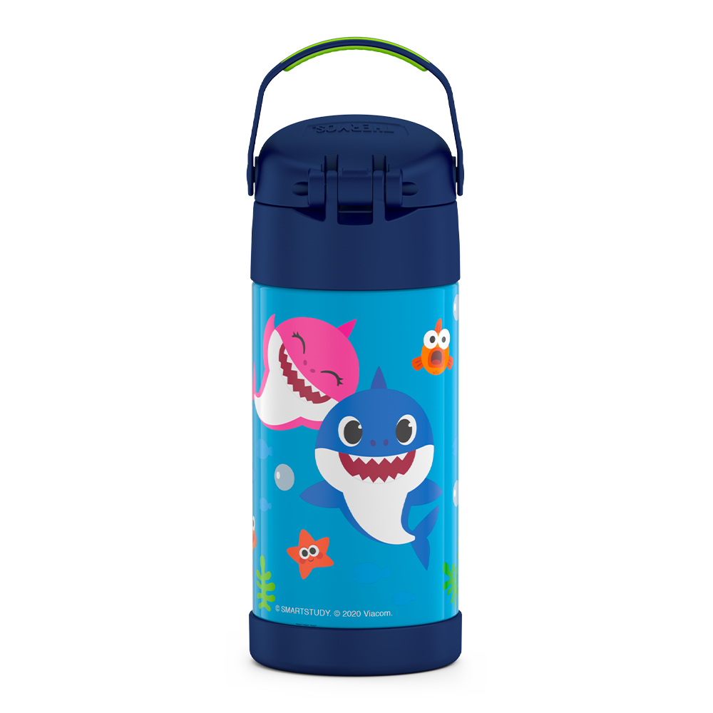12 ounce Funtainer water bottle, back view, handle up, Baby Shark.