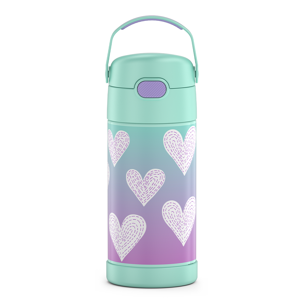 12 ounce Funtainer water bottle with handle up, Purple Hearts Pattern.