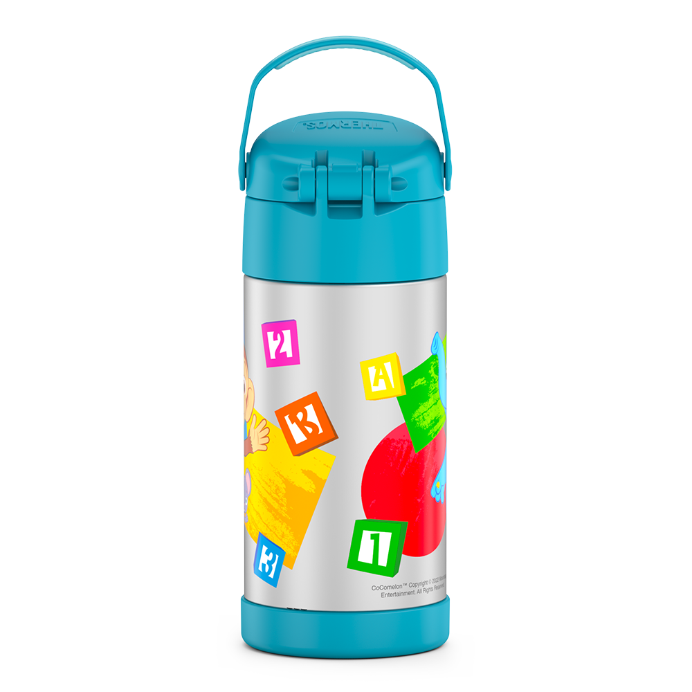12 ounce Funtainer water bottle, back view, handle up, CoComelon.