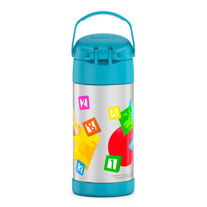 12 ounce Funtainer water bottle, back view, handle up, CoComelon.
