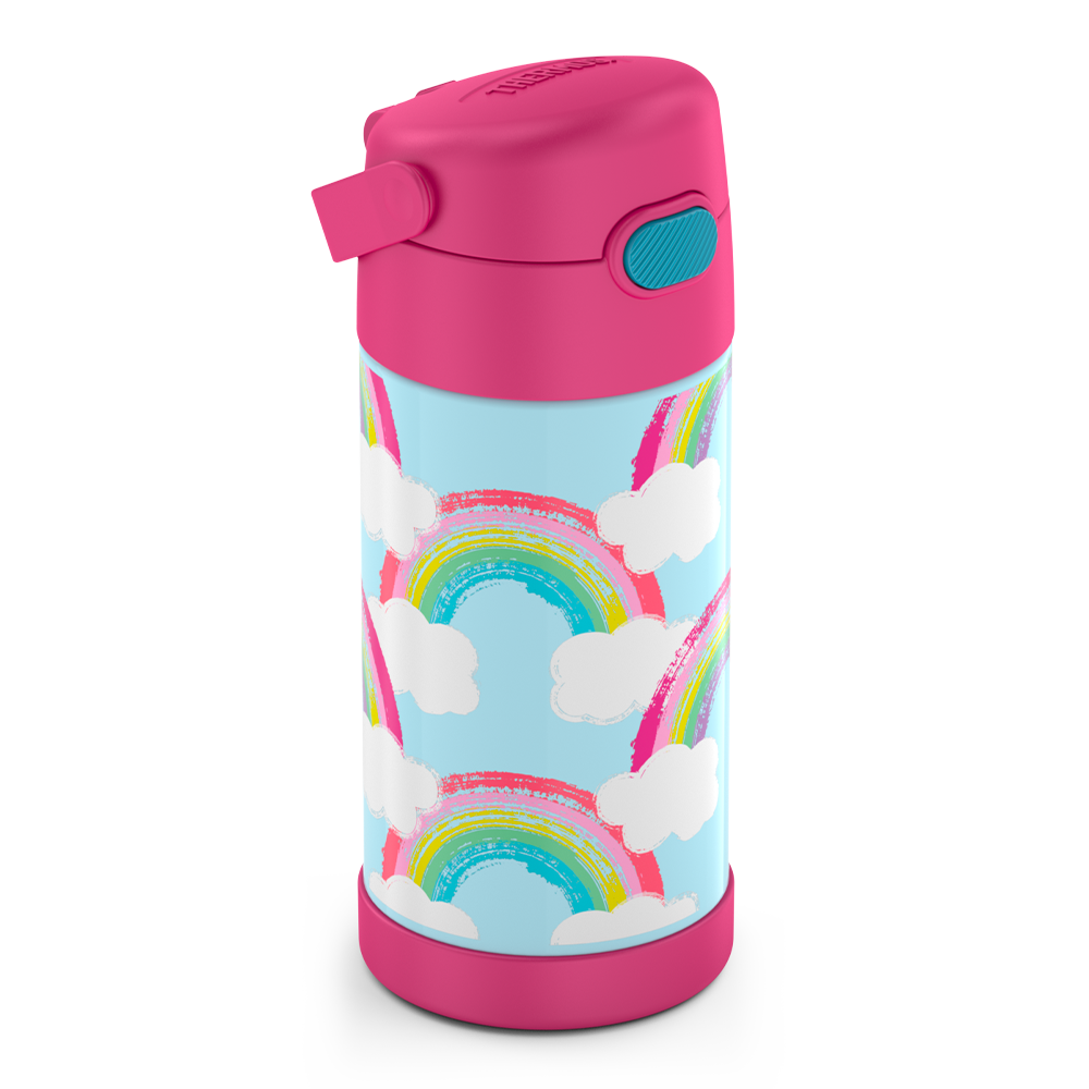12 ounce Funtainer water bottle, rainbows and clouds Pattern, side view, handle down.