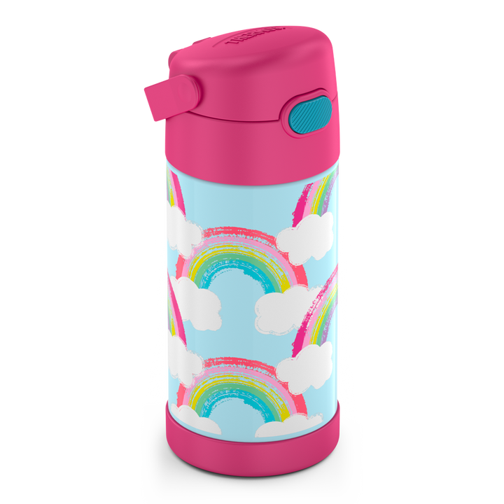 12 ounce Funtainer water bottle, rainbows and clouds Pattern, side view, handle down.