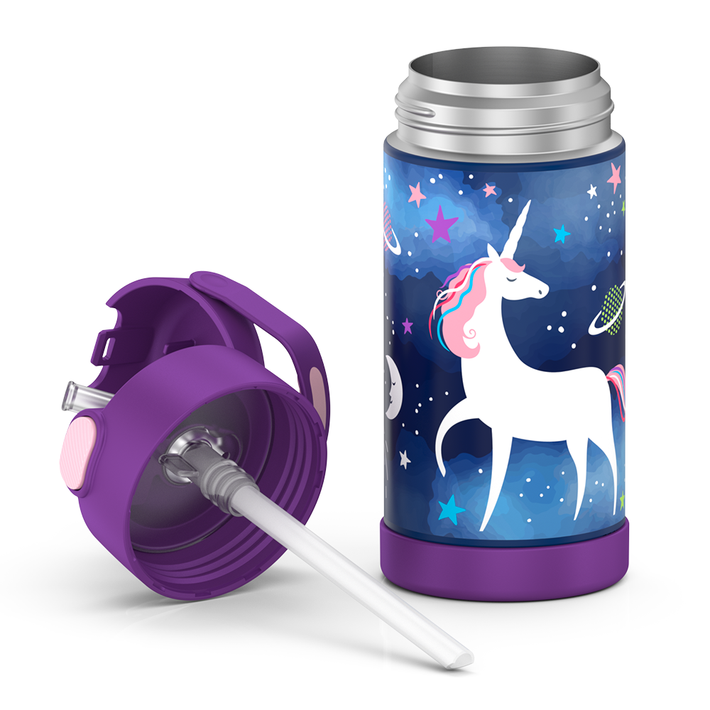 12 ounce Funtainer water bottle, Space Unicorn Pattern, unassembled - lid removed.